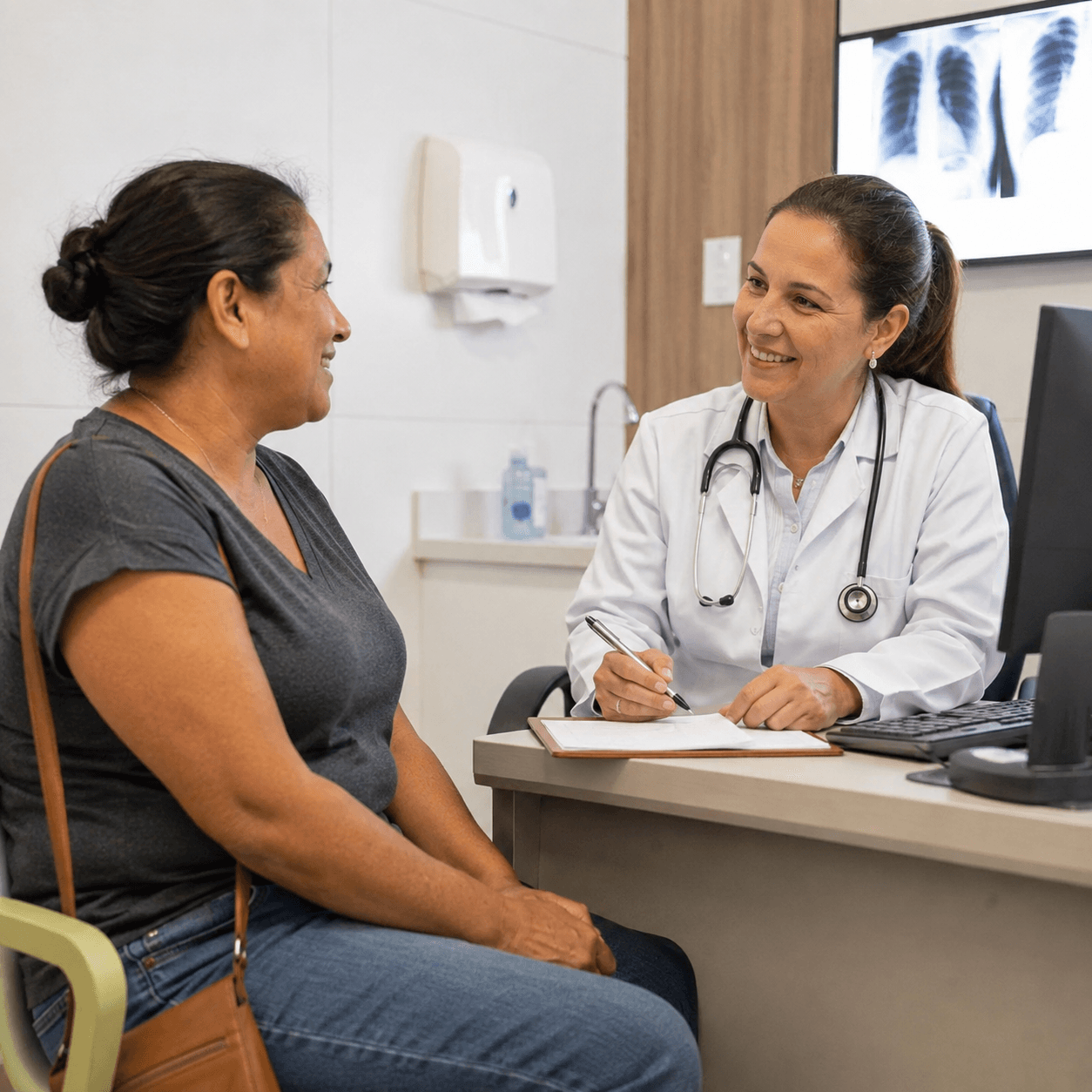 Médico sorrindo durante consulta com uma paciente, os dois conversando à mesa do consultório