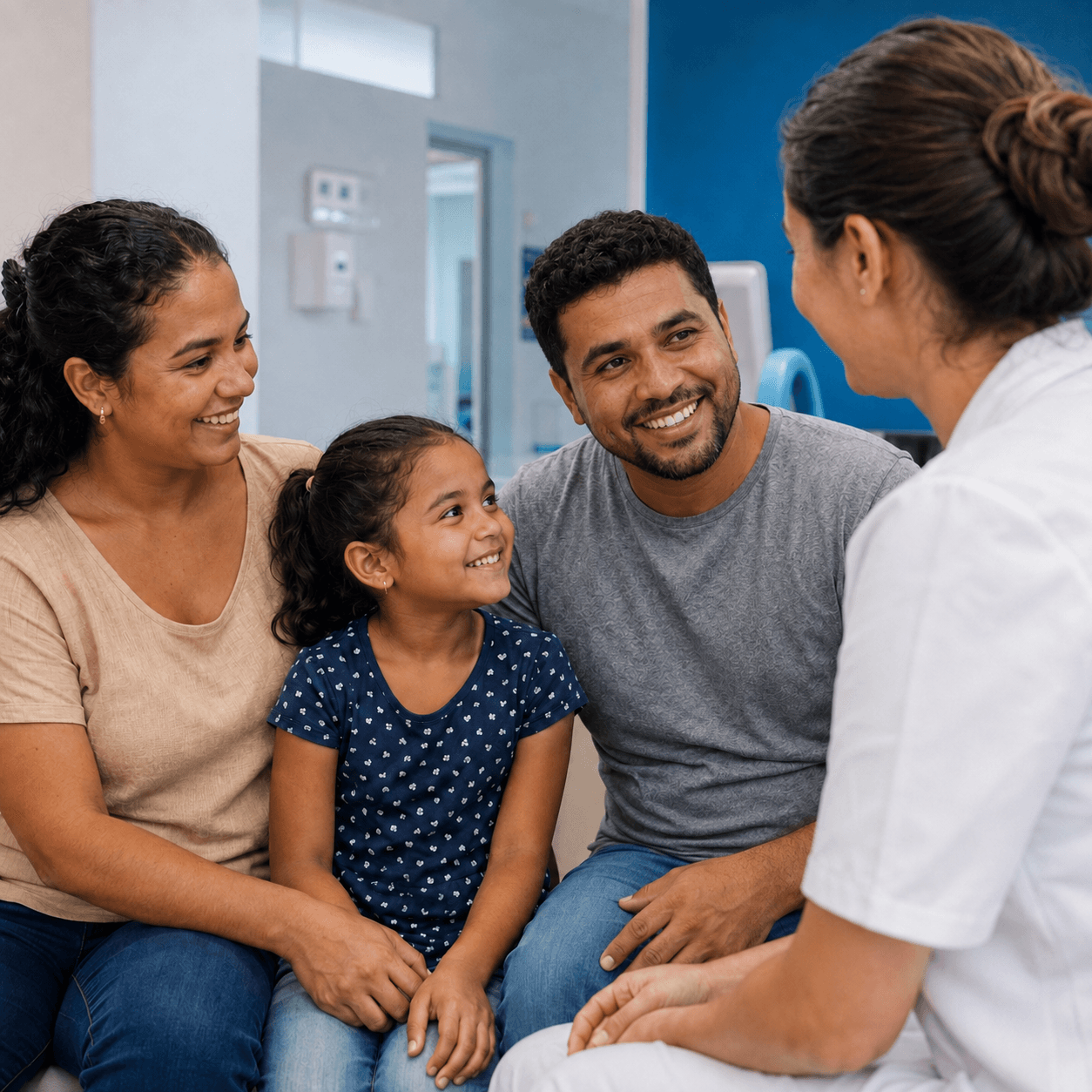 Família com mãe, filha e pai sorrindo durante conversa com uma médica