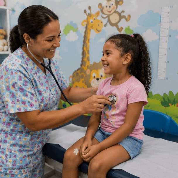 Profissional de saúde examinando uma criança na sala de atendimento infantil da RP Med