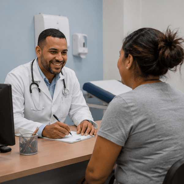 Médico sorrindo durante consulta em um dos consultórios da RP Med